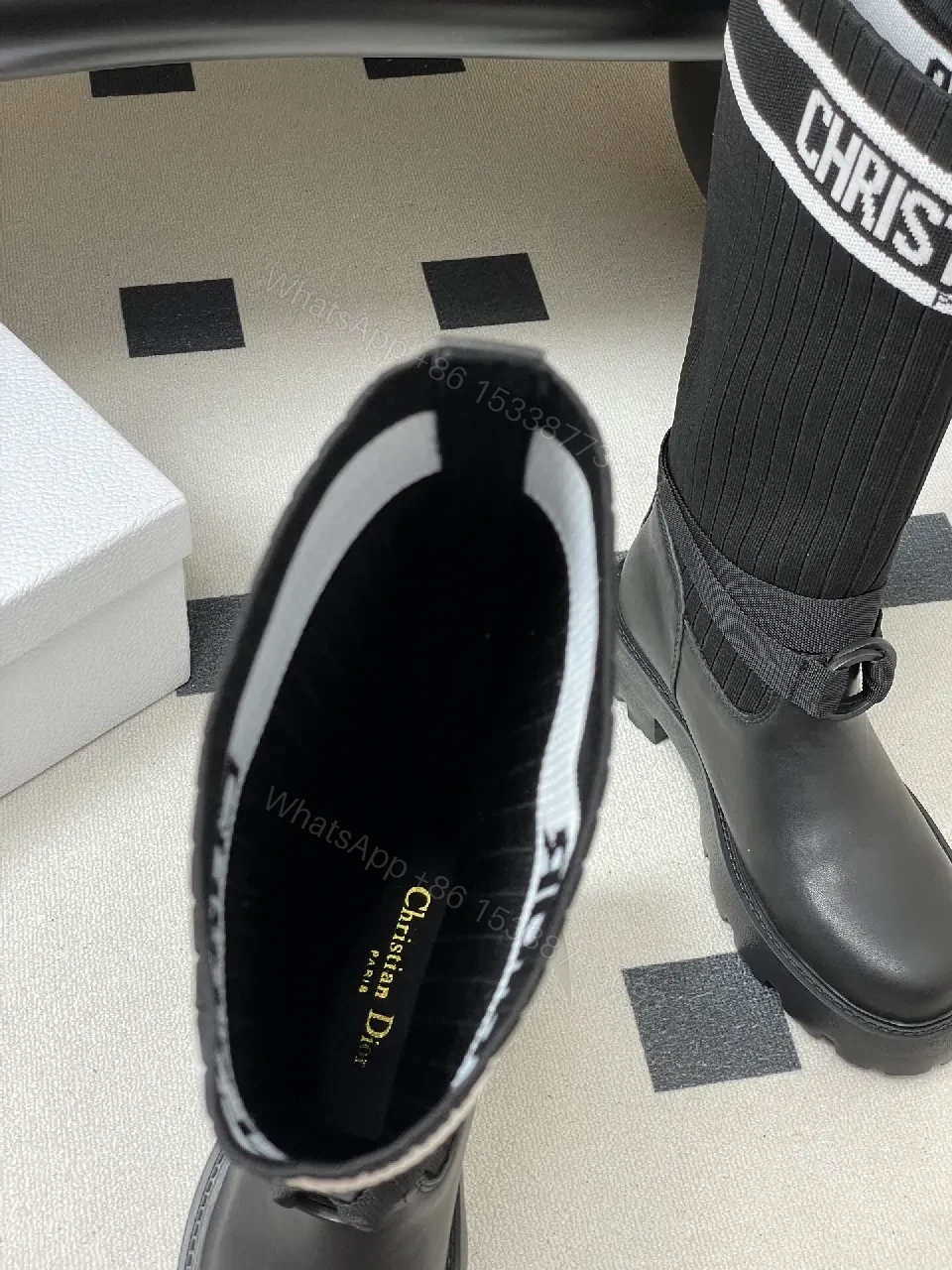 View 6 of Ribbed Knit Leather High-Top Boots: Luxe Streetwear Boldness
