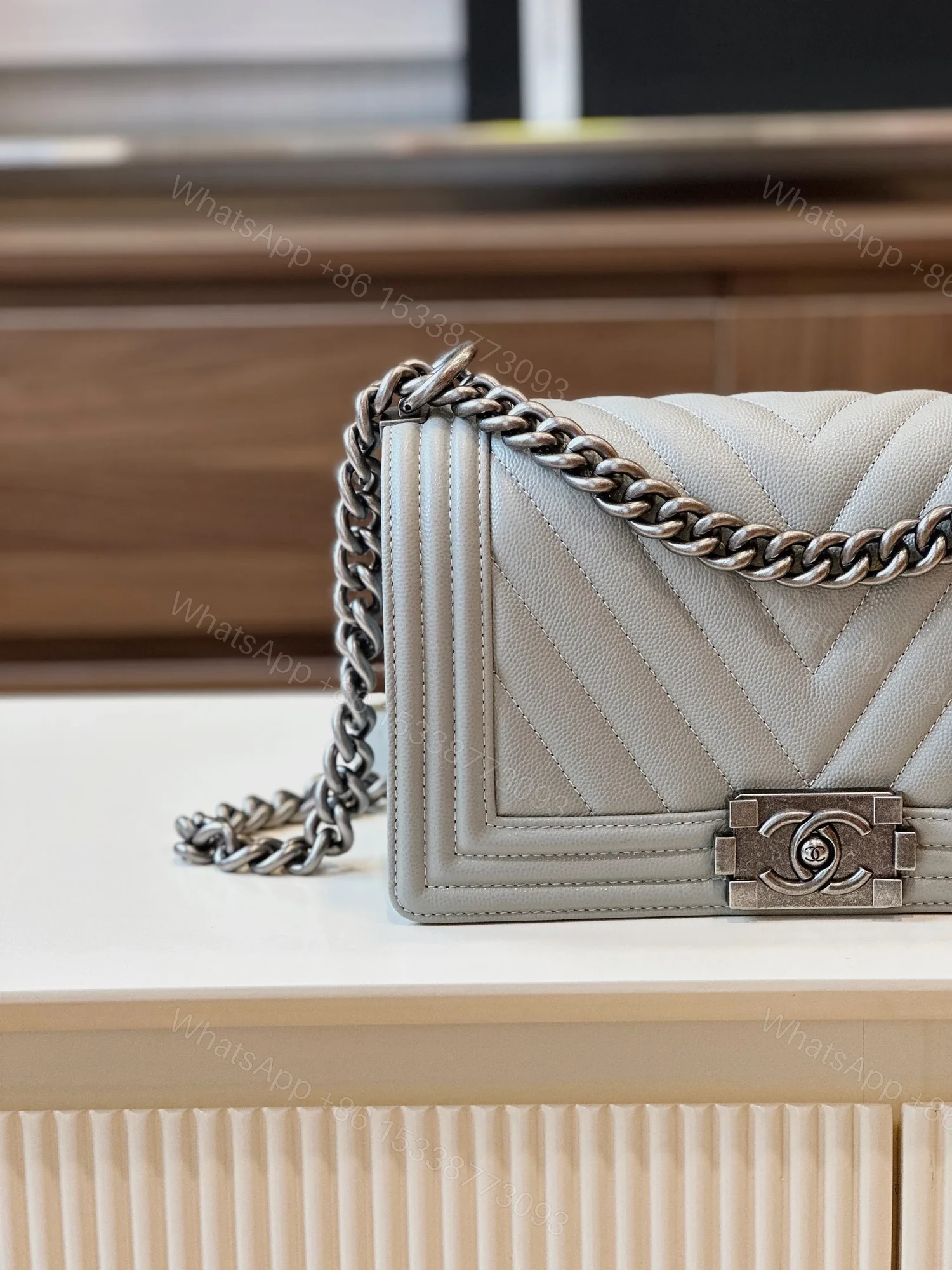 View 2 of Chanel Boy Medium Handbags Grey Leather With Silver Lock 25cm