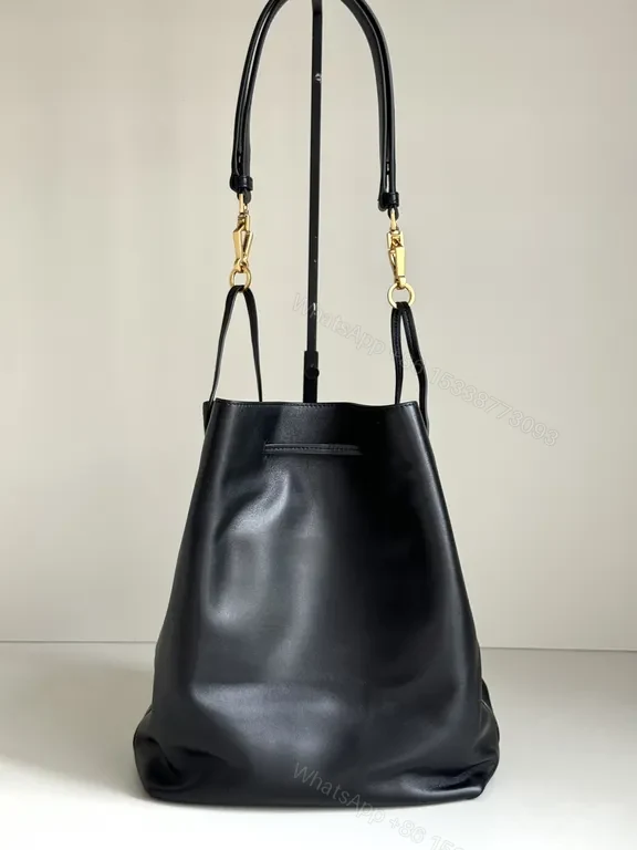 View 2 of Chic Leather Drawstring Bucket Bag with Gold Accent