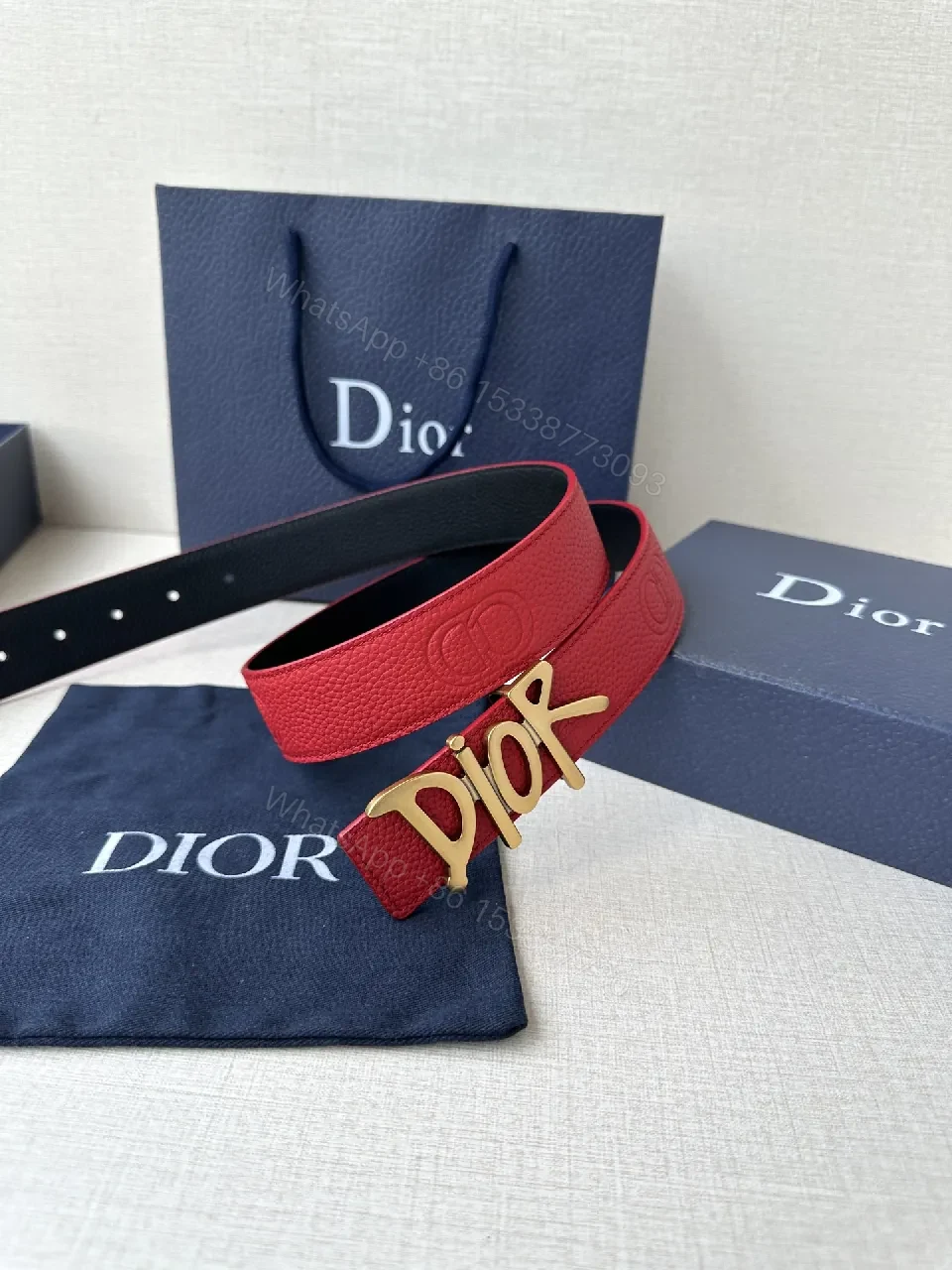 View 4 of Red Leather Belt with Silver Dior-Inspired Buckle