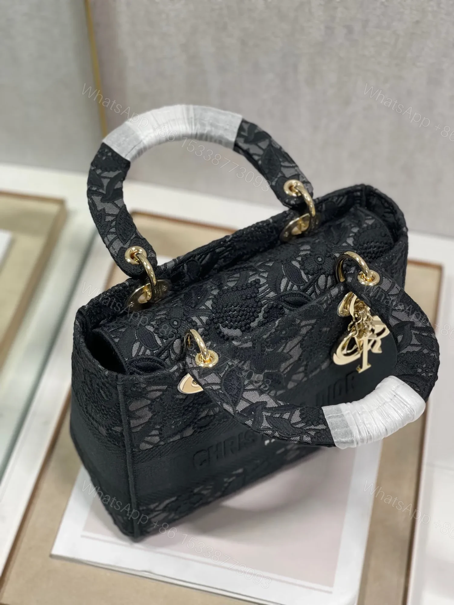 View 3 of Christian Dior Medium Lady D-Lite bag in black lace embroidery