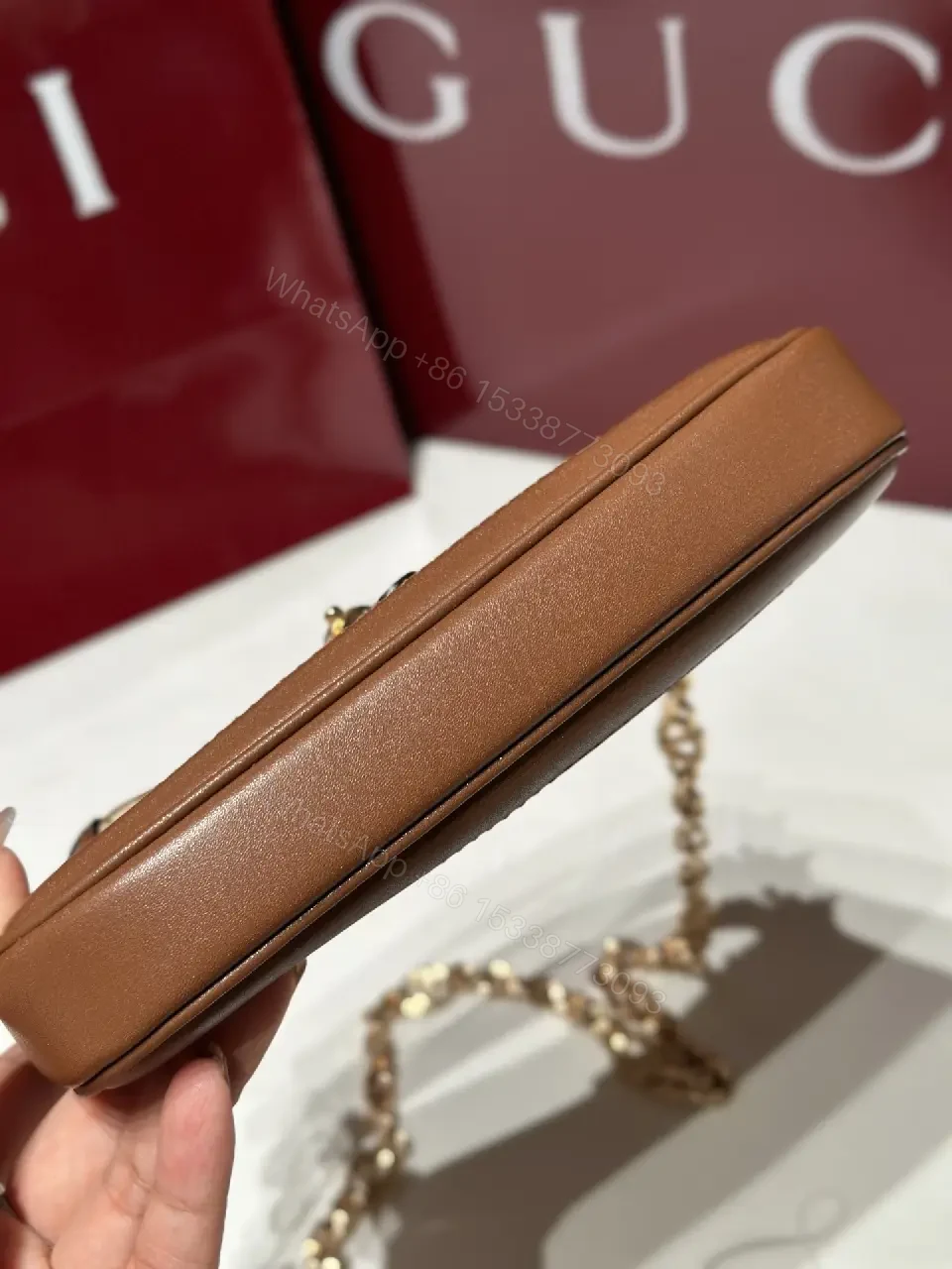 View 11 of Beige GG Supreme Satchel: Mini Structured Elegance, Gold Hardware