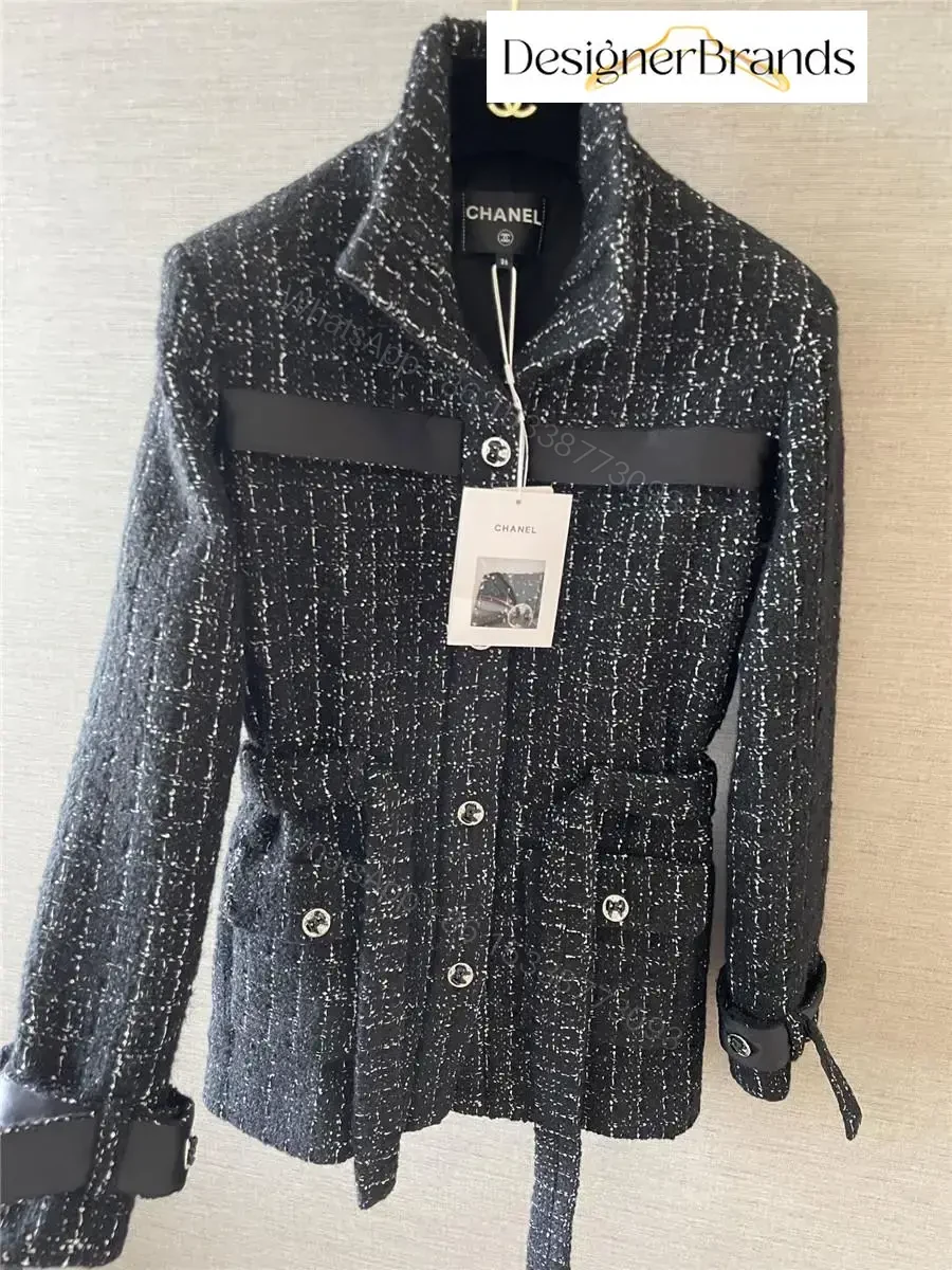 View 5 of Textured Tweed Belted Jacket with Metallic Accents