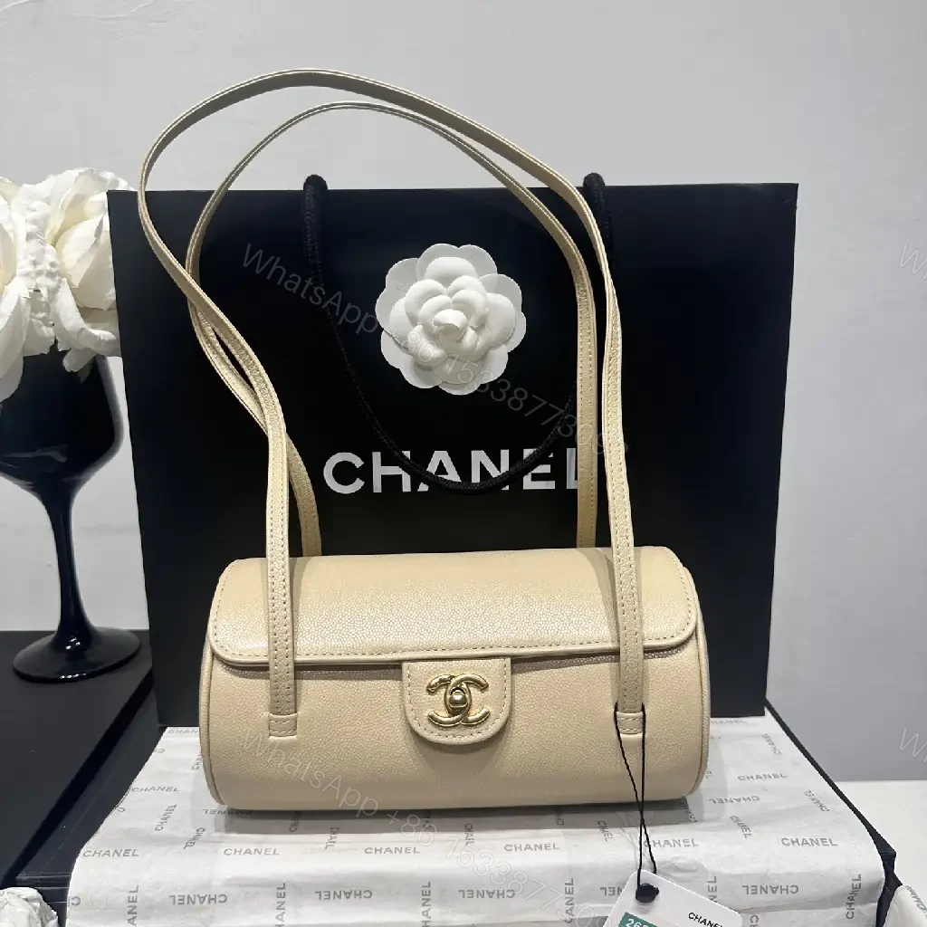 View 7 of Beige Leather Pebbled Small Top-Handle Bag with Gold Chanel Clasp