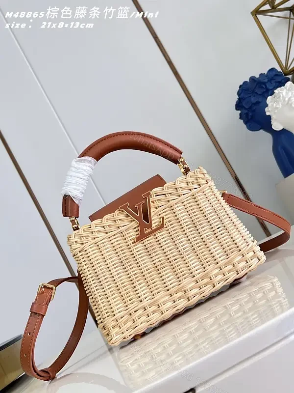 Natural Beige Woven Leather-Trim Handbag with LV Emblem — view 1