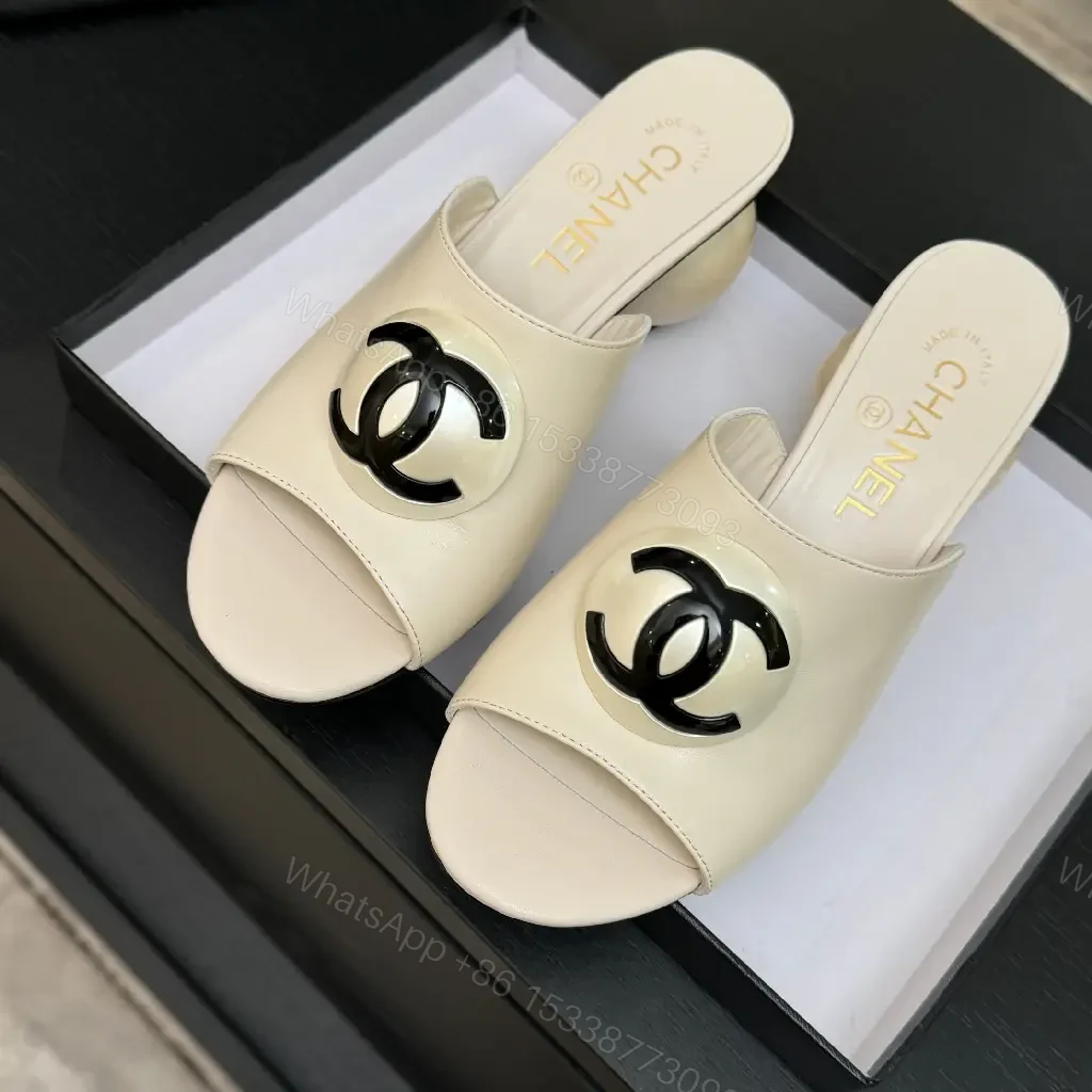 View 2 of Ivory Leather Block-Heel Slides with Interlocking Hardware