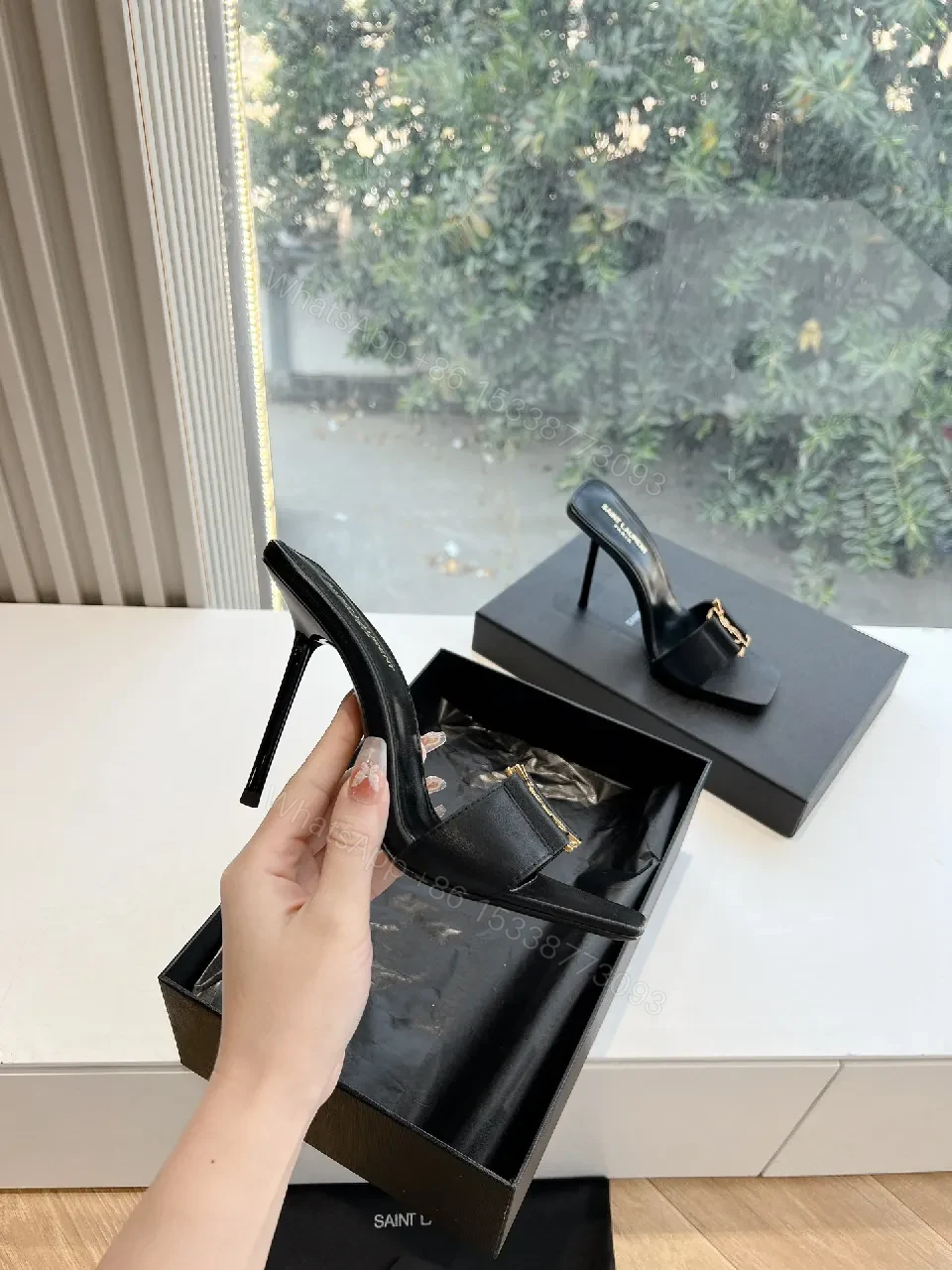 View 7 of Black Satin Mules with YSL Gold Emblem - Luxe Everyday Glam