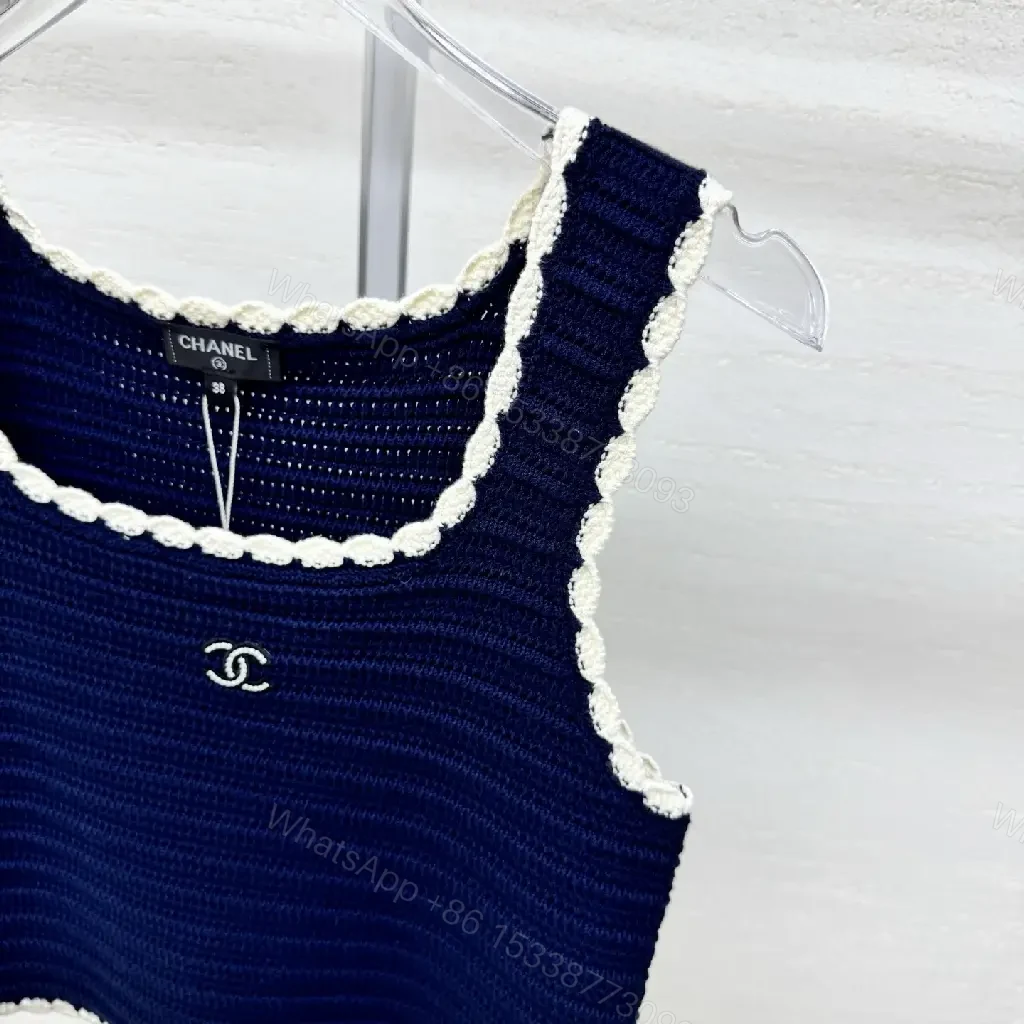 View 5 of Navy Knit Tank with Ivory Trim – Textured Luxury Top