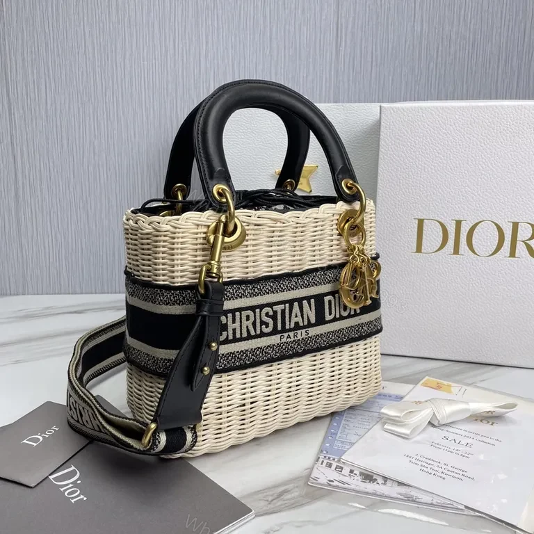 View 2 of Dior Structured Straw Handbag with Leather Trim & Logo Band