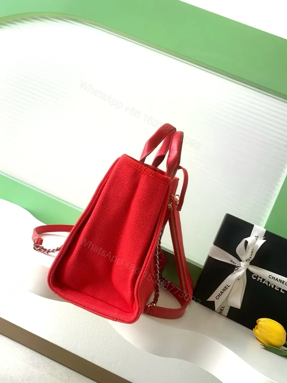 View 9 of Bold Red Canvas Tote with Logo & Chain Detailing