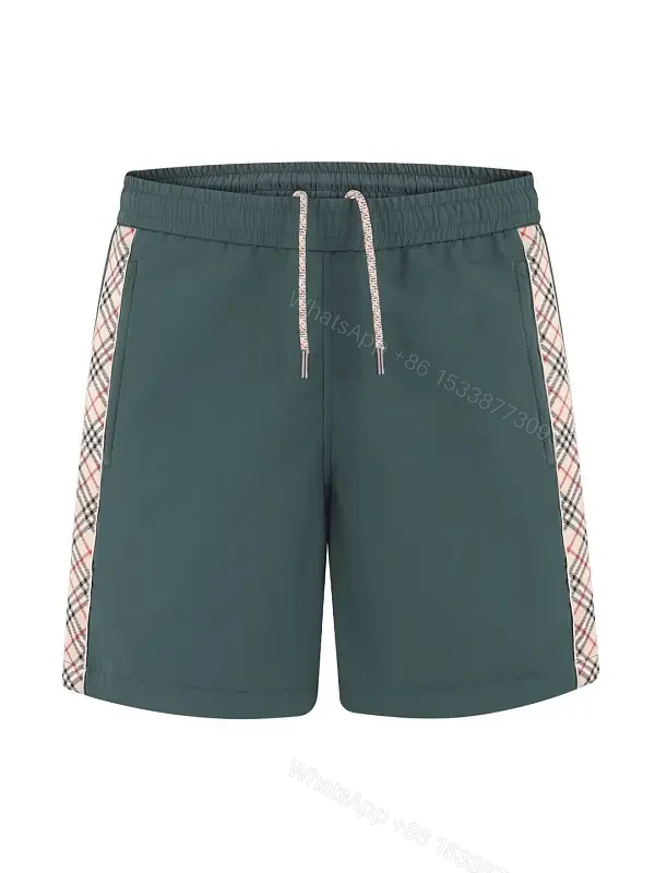 Dark Green Shorts Burberry-style Plaid Panels Swimwear Drawstring Waist Men’s Shorts — view 1