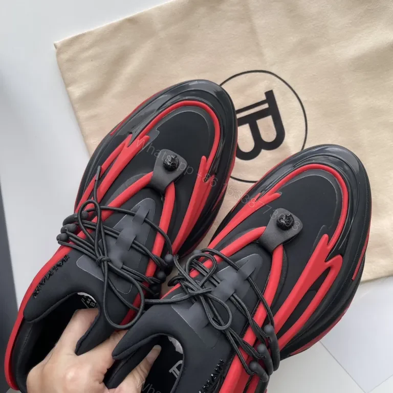 View 9 of Bold Balmain-Influenced High-Tops: Black & Red Luxury Sneakers