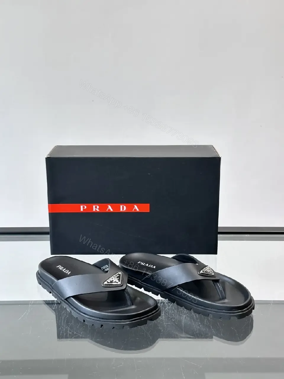 View 6 of Black Leather Prada Flip-Flops Chunky Sole Slide