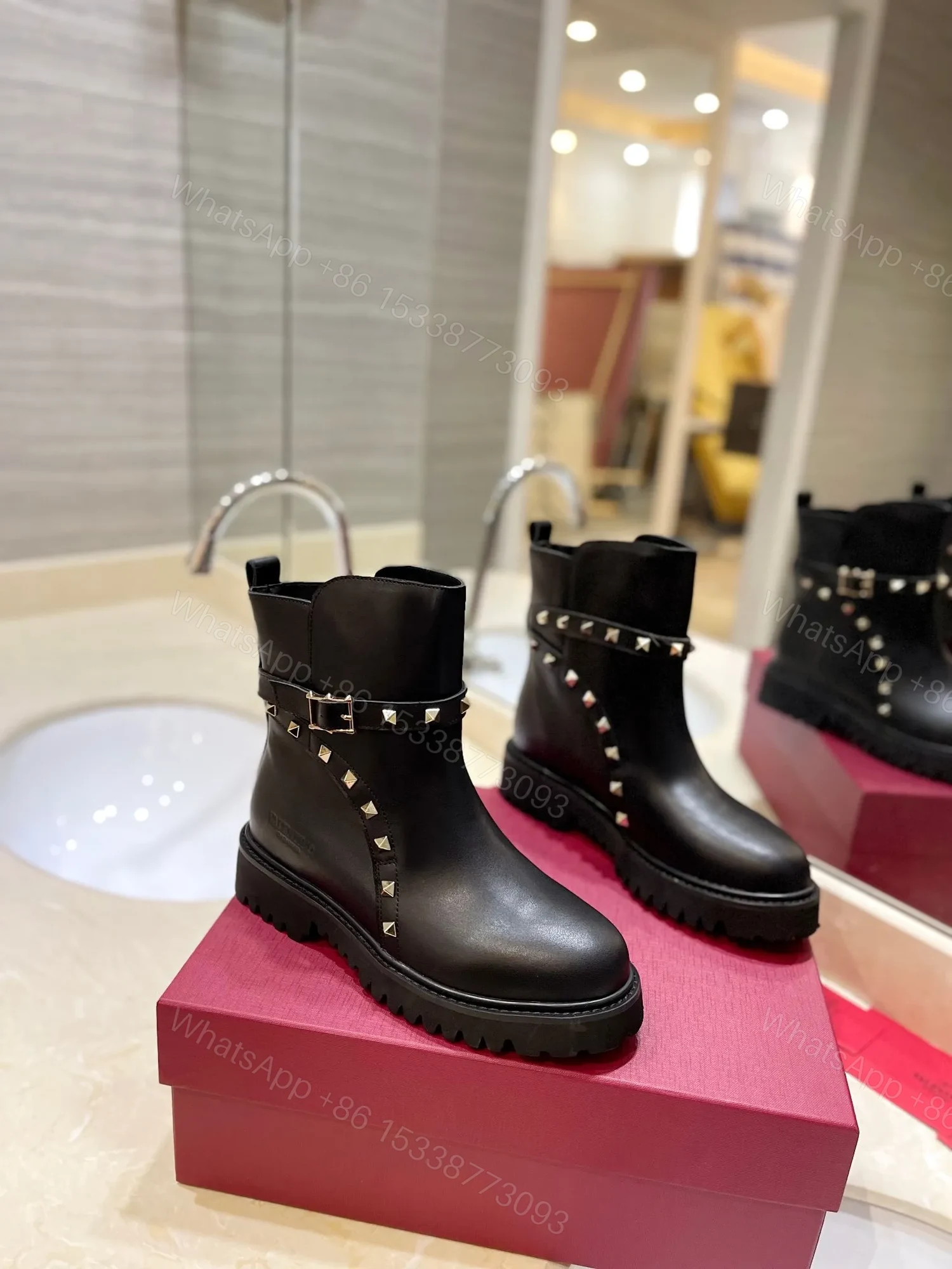 Valentino Women Black Leather Studded Boots — view 1