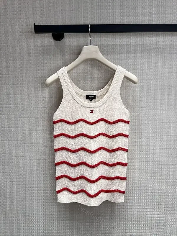 White Knit Tank Top Red Wave Knit Sleeveless Chic Chanel-inspired Tank Top — view 1