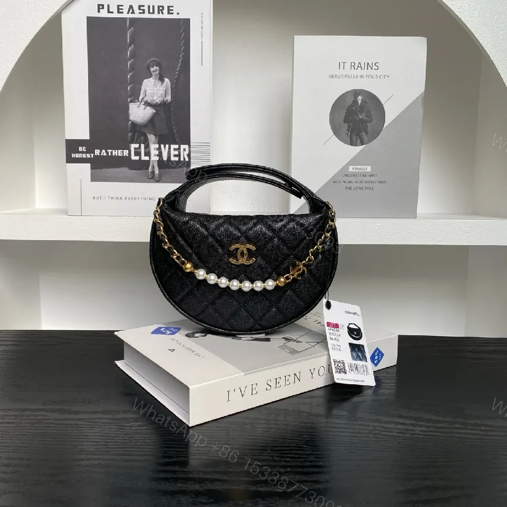 Compact Quilted Black Mini Bag with Pearl Chain — view 1