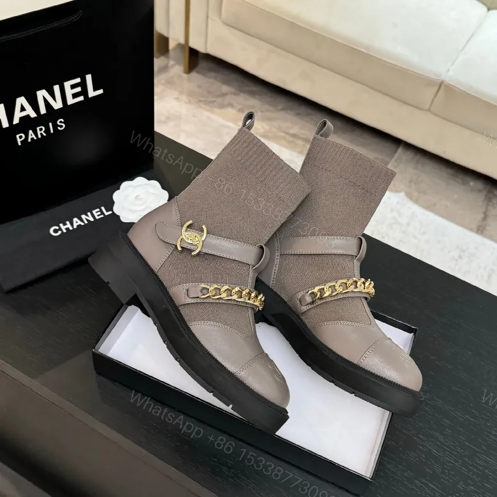 View 6 of Taupe Knit Sock-Ankle Boots with Leather Accents and Gold Chain