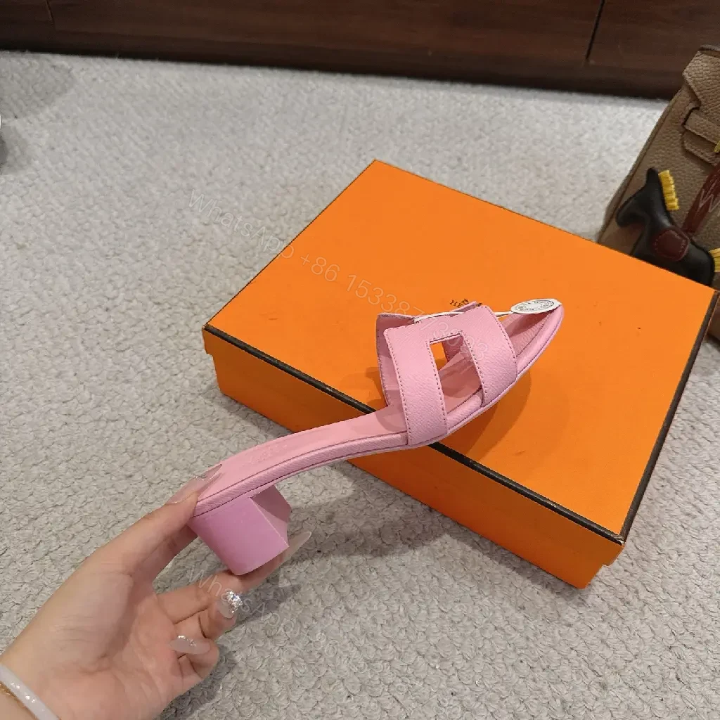View 8 of Pink Leather Hermès-Style Slide Sandals with H-Logo Strap