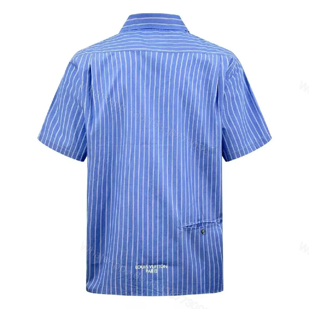 View 7 of Blue Stripe Cotton-Blend Shirt with Subtle LV.M Logo