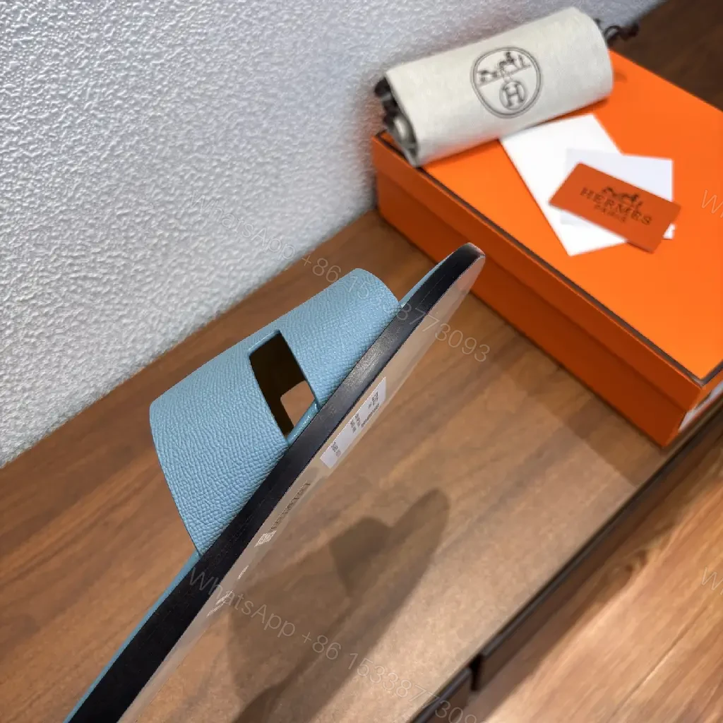 View 4 of Blue Leather Slipper Sandals, Modern Hermes-Style, Matte Finish Slide