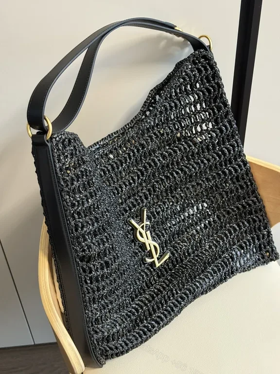 View 6 of Textured Crochet Shoulder Bag with Gold YSL Logo, Luxury Style