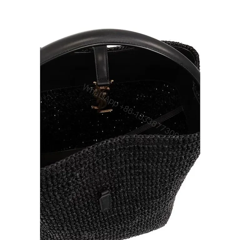 View 6 of Chic Black Woven Bucket Bag with Gold YSL Accent