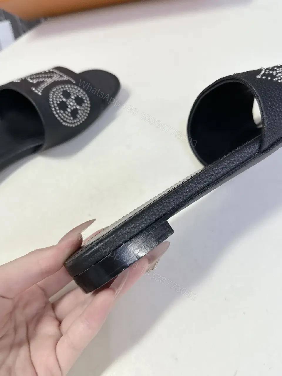 View 4 of Black Leather Slide Sandals with Crystal Embellishment - Comfort, Luxury