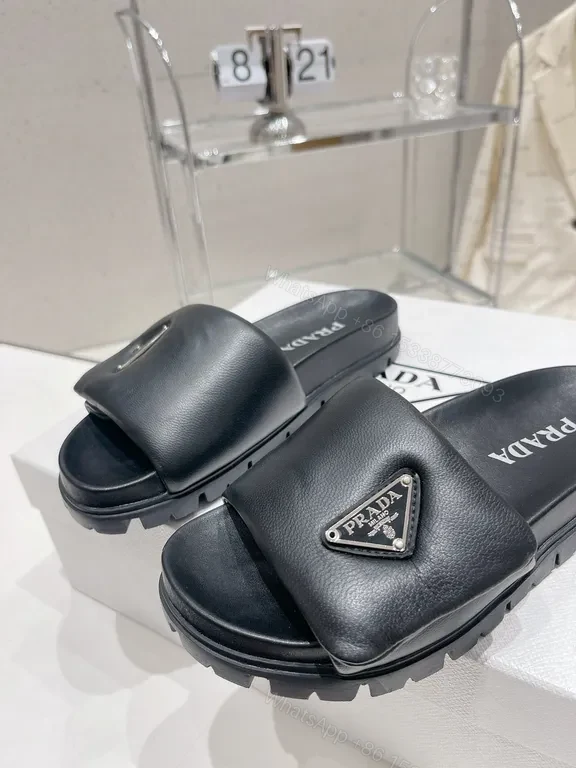 View 6 of Black Leather Prada-Style Minimalist Slide with Logo & Lug Outsole