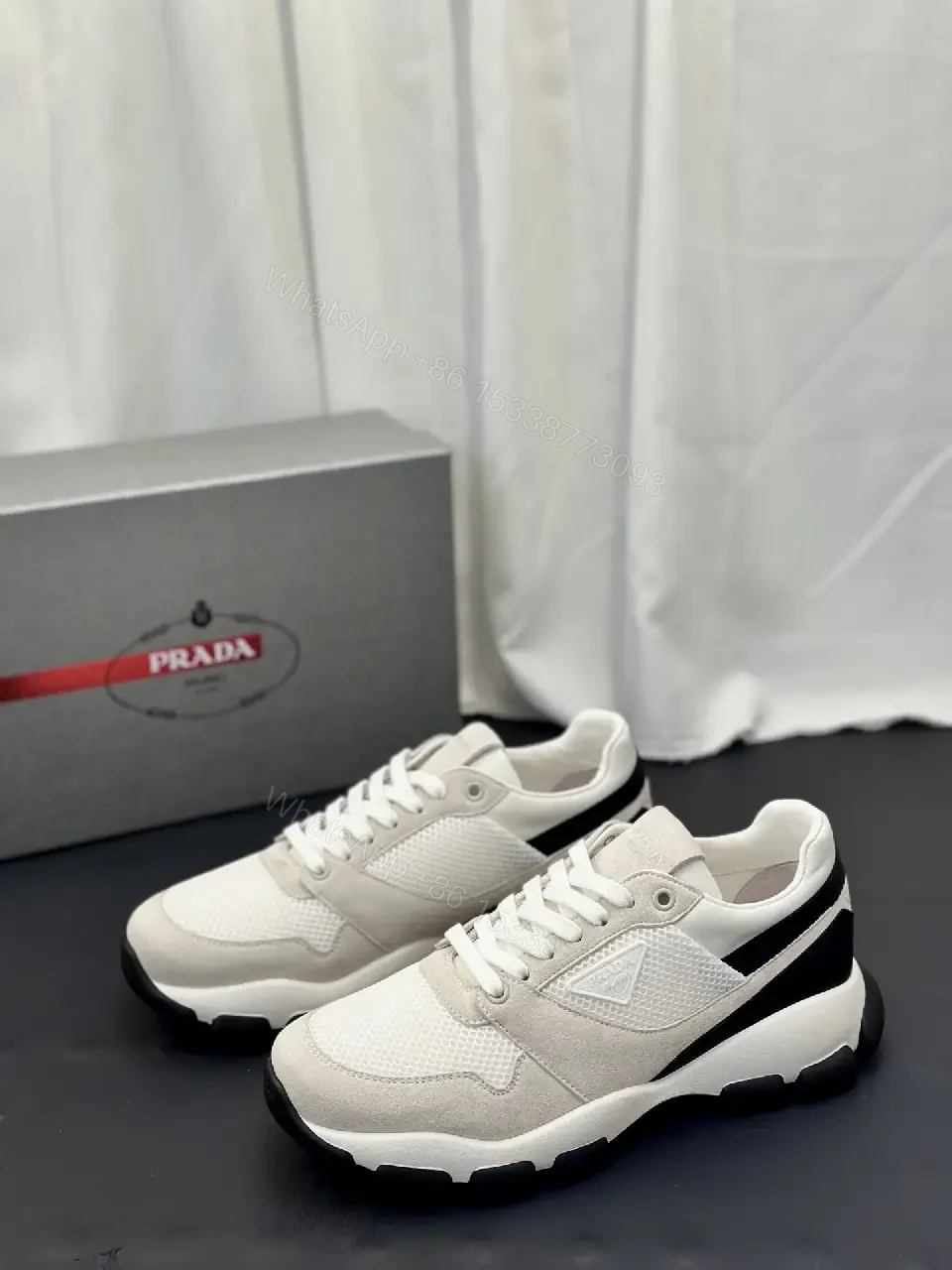 View 9 of Beige Leather Mesh Runner Sneaker with Black Accent, Prada Style