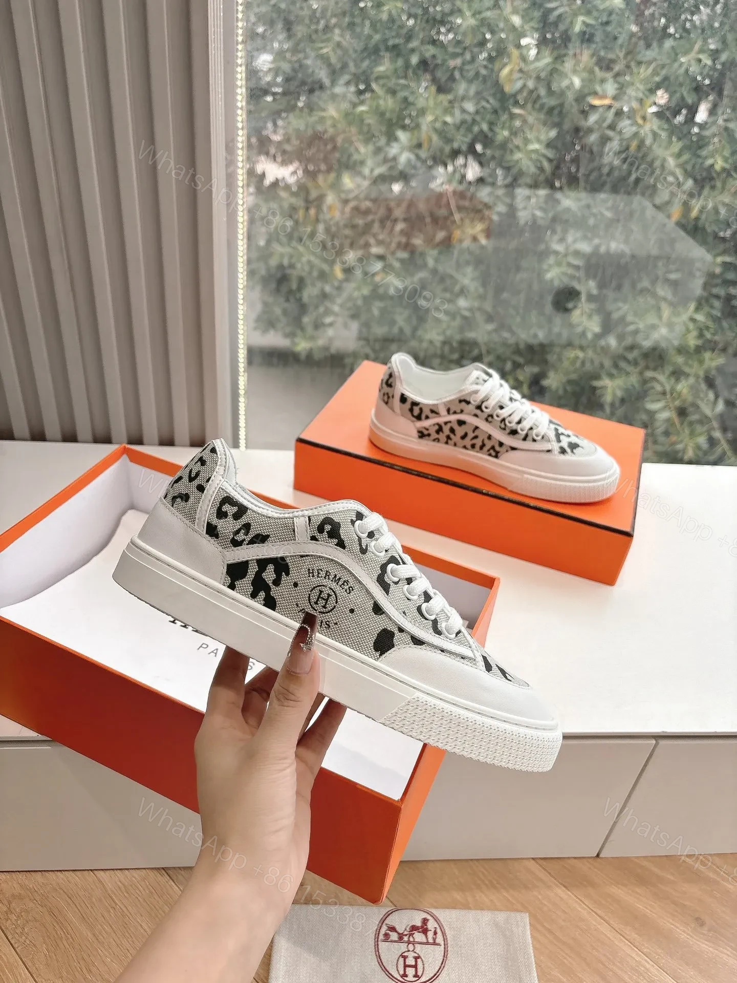 View 4 of Hermes Women White Canvas Leopard Print Sneakers