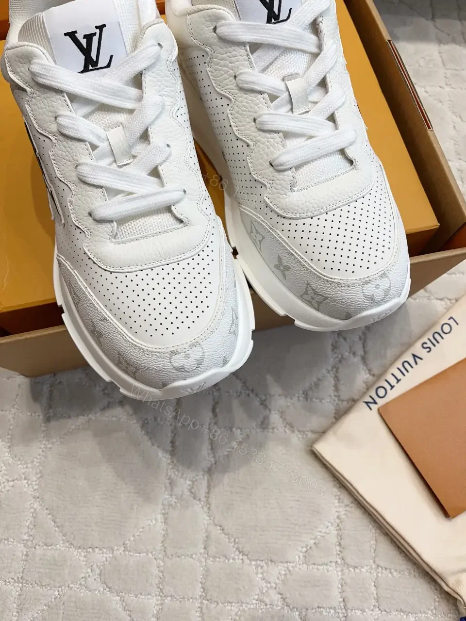 View 7 of White Leather Runner Sneakers Perforated Mesh Modern LV Logo Accent Shoes