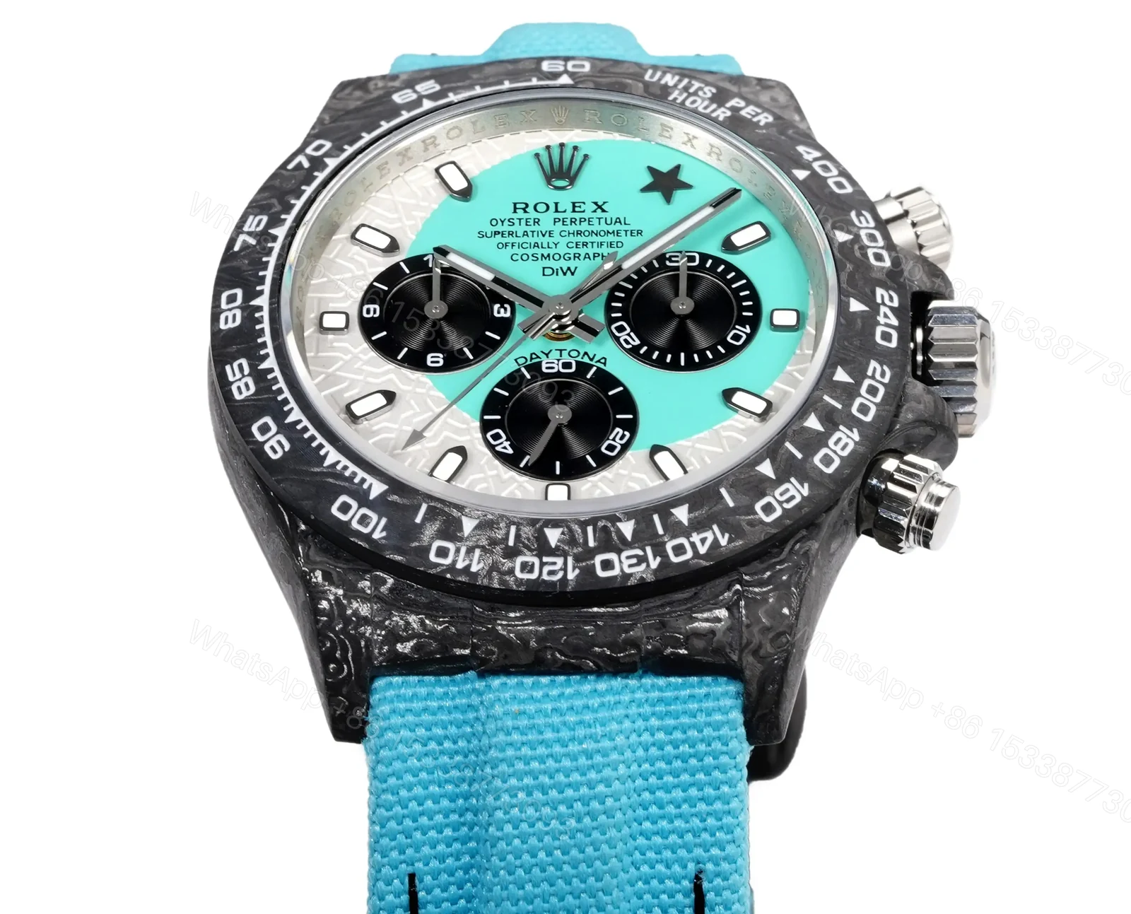 View 4 of Rolex Daytona Desert Sand Carbon Tiffany Edition Blue Strap Blue White Dial 40mm RG-DAYTONA-DESERT-SAND-TIFFANY