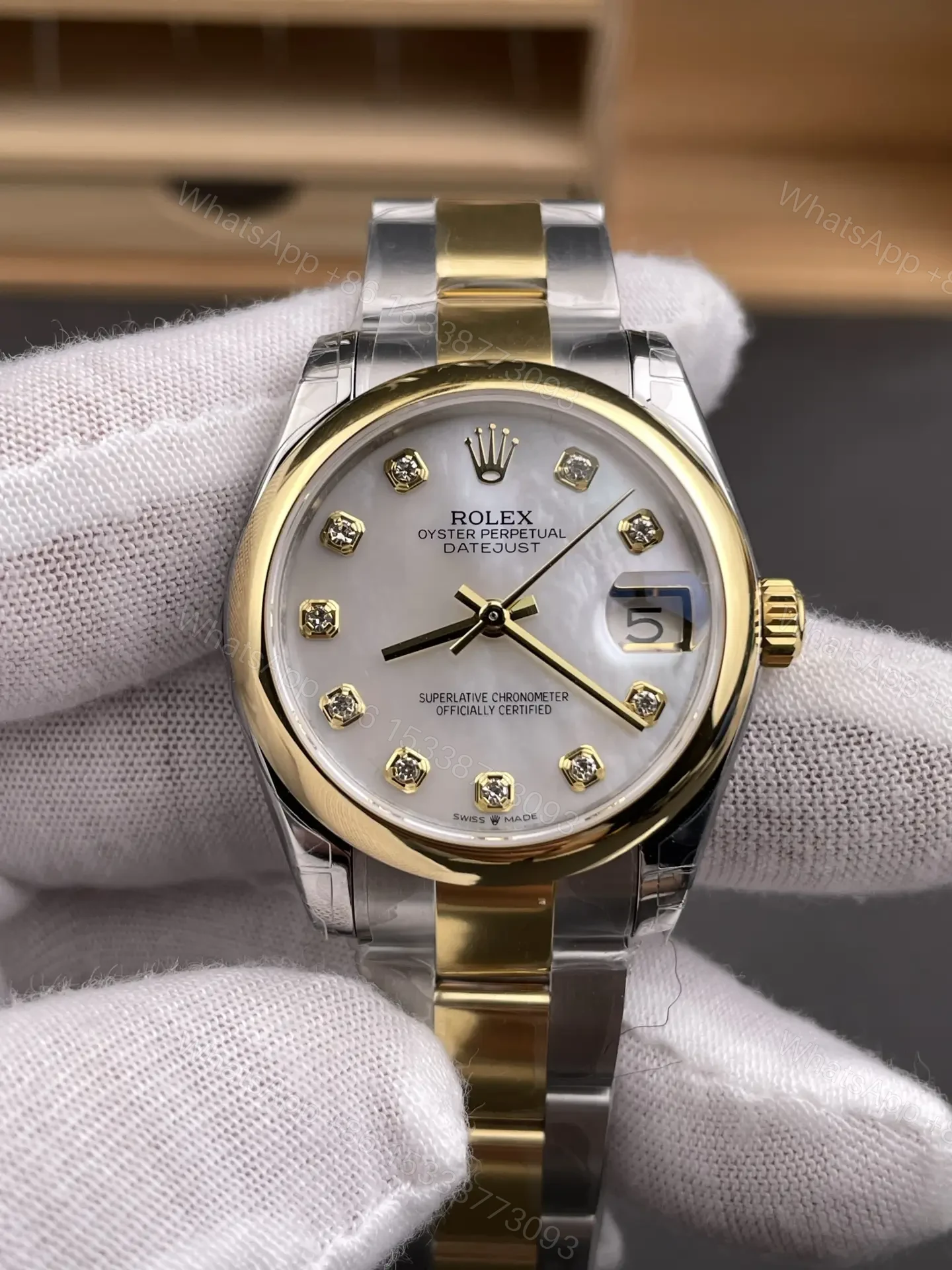 View 3 of Rolex Datejust 31 Stainless Steel Yellow Gold Domed MOP Oyster 278243-0027