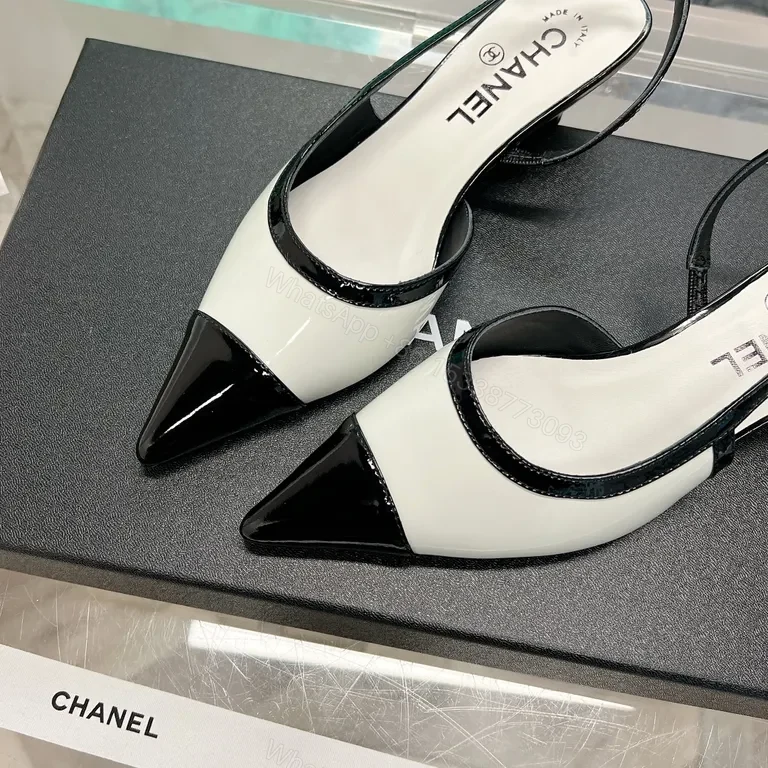View 8 of Chanel-Inspired White & Black Slingback Heels â€“ Pointed Toe