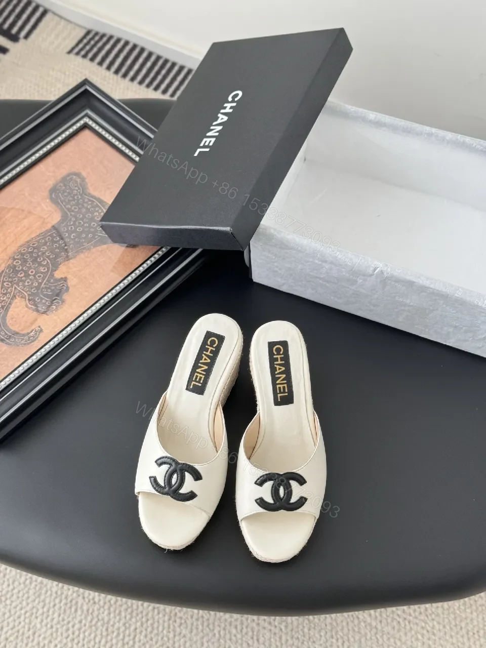 View 5 of Cream Leather Espadrille Mules with Logo Embroidery, Wedge Heel, Open-Toe