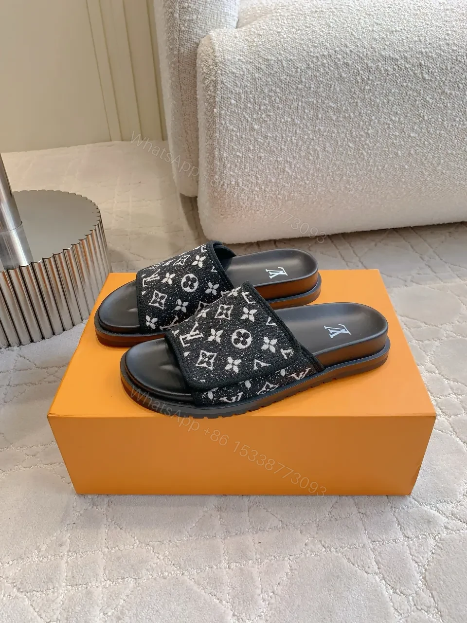 Monochrome LV-Pattern Slides: Luxury Comfort for All-Day Wear — view 1