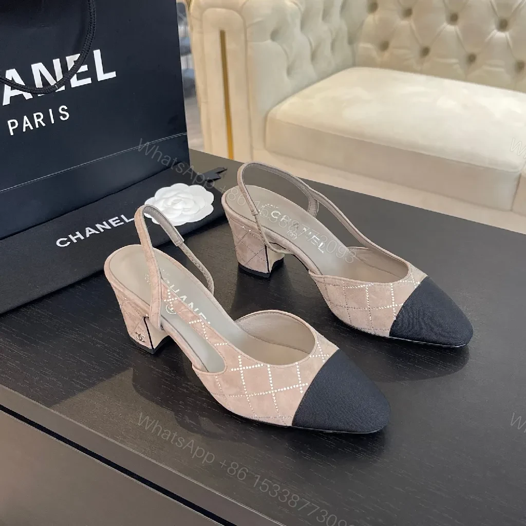 Two-Tone Quilted Slingbacks: Neutral Beiges & Black Cap — view 1