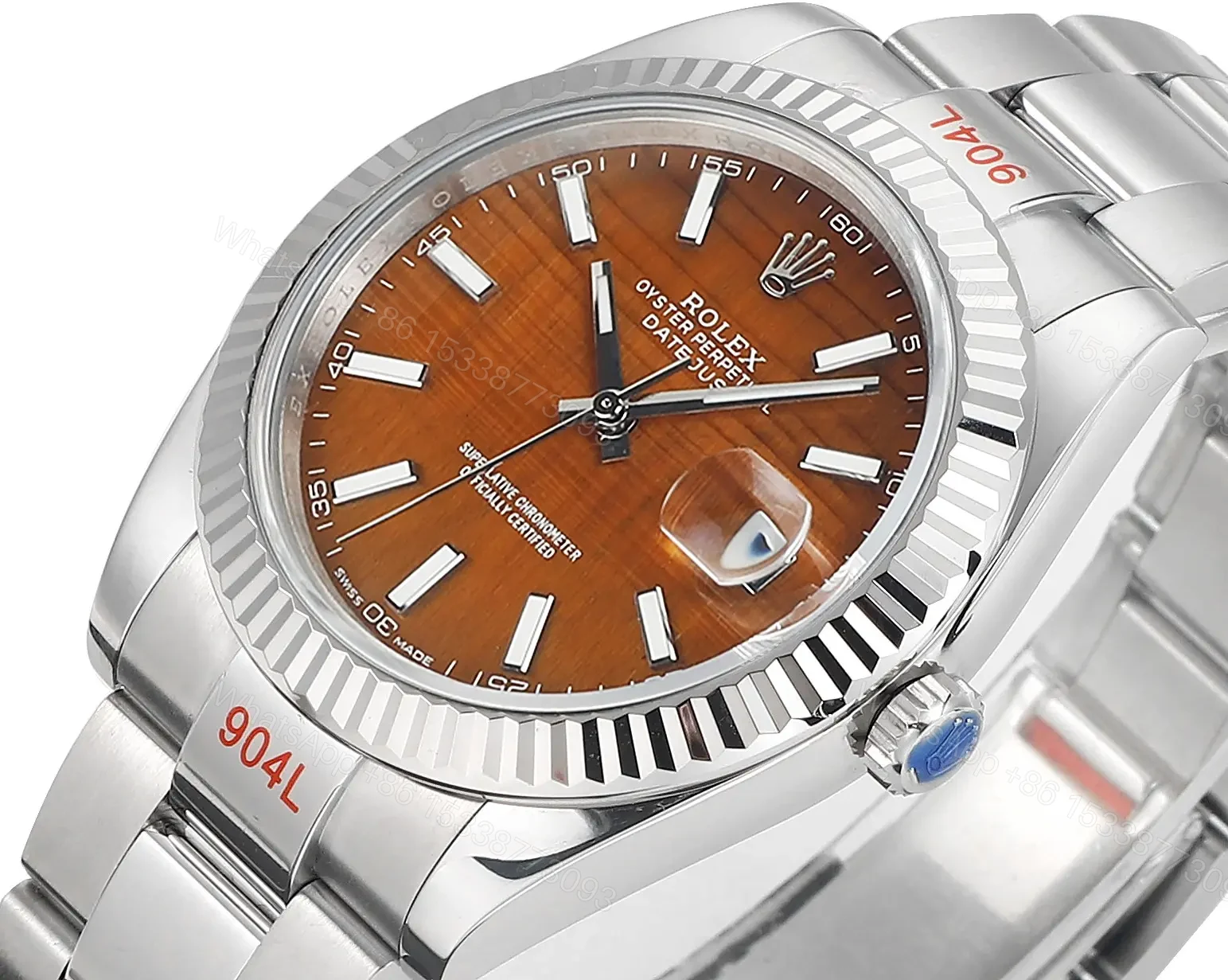 View 2 of JB Factory Clean Factory – Rolex Datejust 41 Custom Tiger Eye Dial (Note: The color “Tiger Eye” is used to describe the unique orange-brown hue of the dial, which is characteristic of tiger eye stone.)