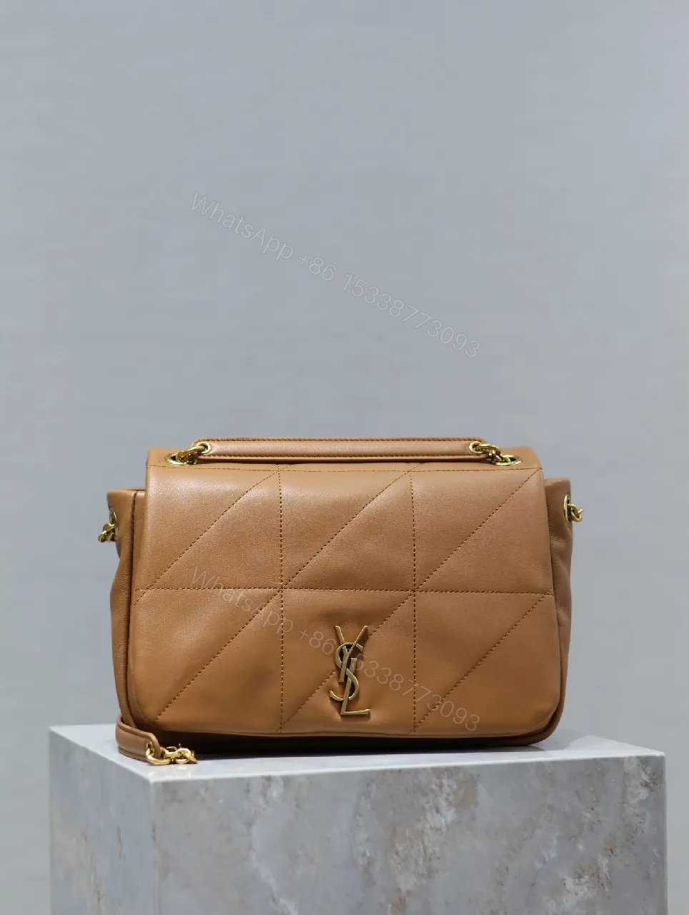 Quilted Leather Camel Shoulder Bag with Gold Hardware — view 1
