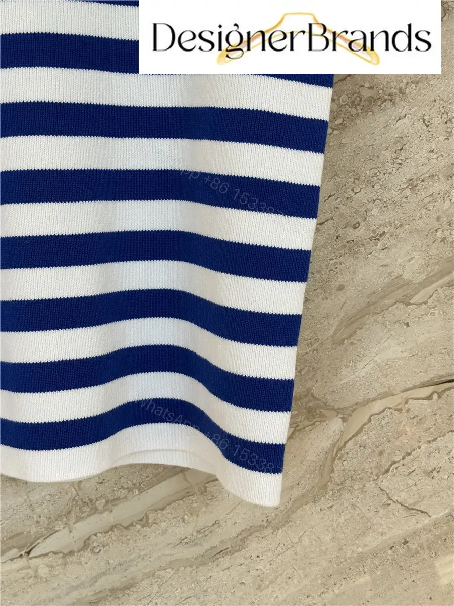 View 7 of Celine Classic Striped High-Neck Short-Sleeve Knit Top