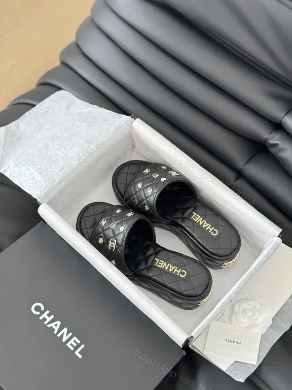 View 3 of Chanel-Inspired Quilted Slide Sandals with Gold Accents