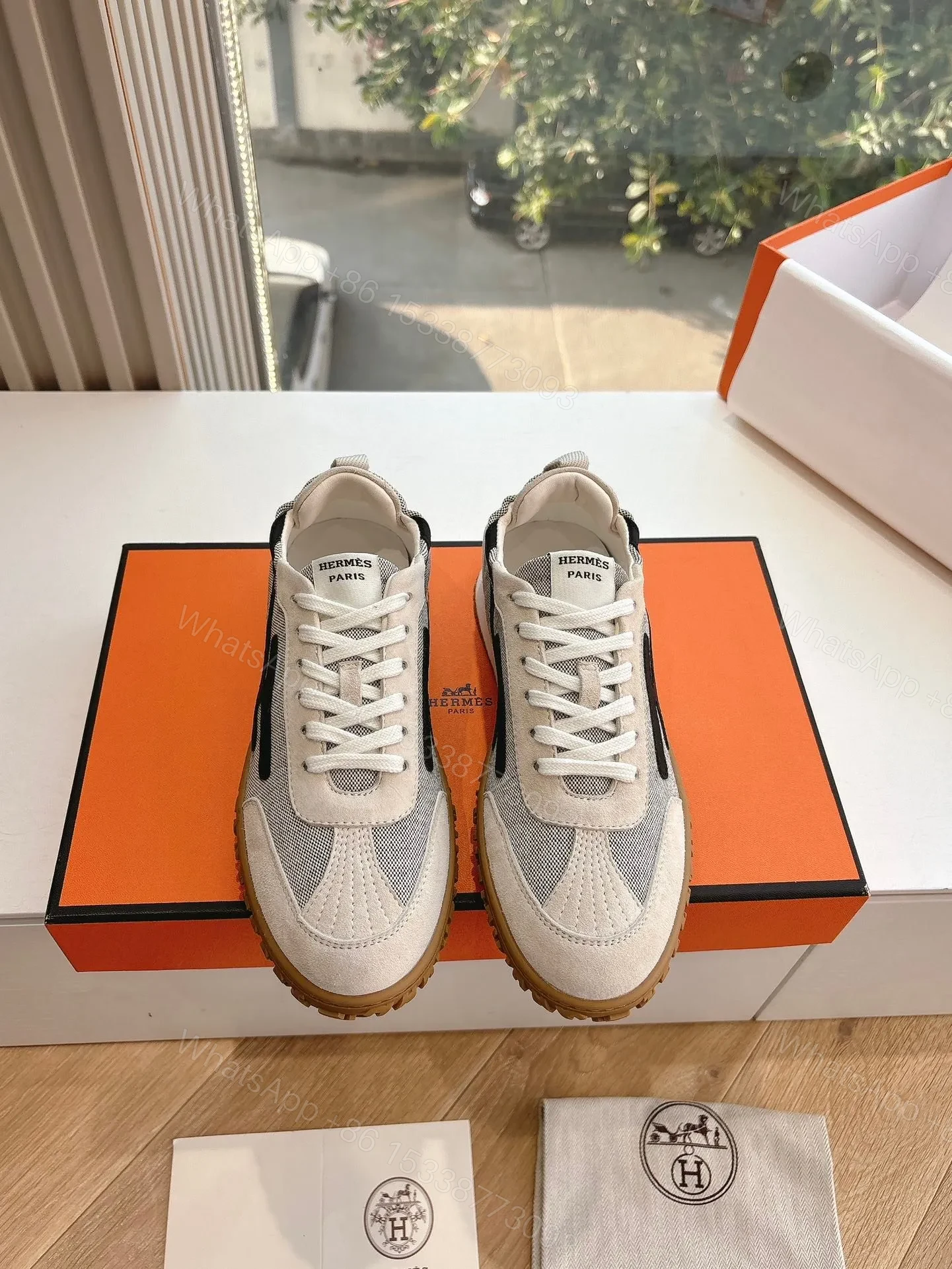 Hermes Women White Suede And Mesh Sneakers — view 1