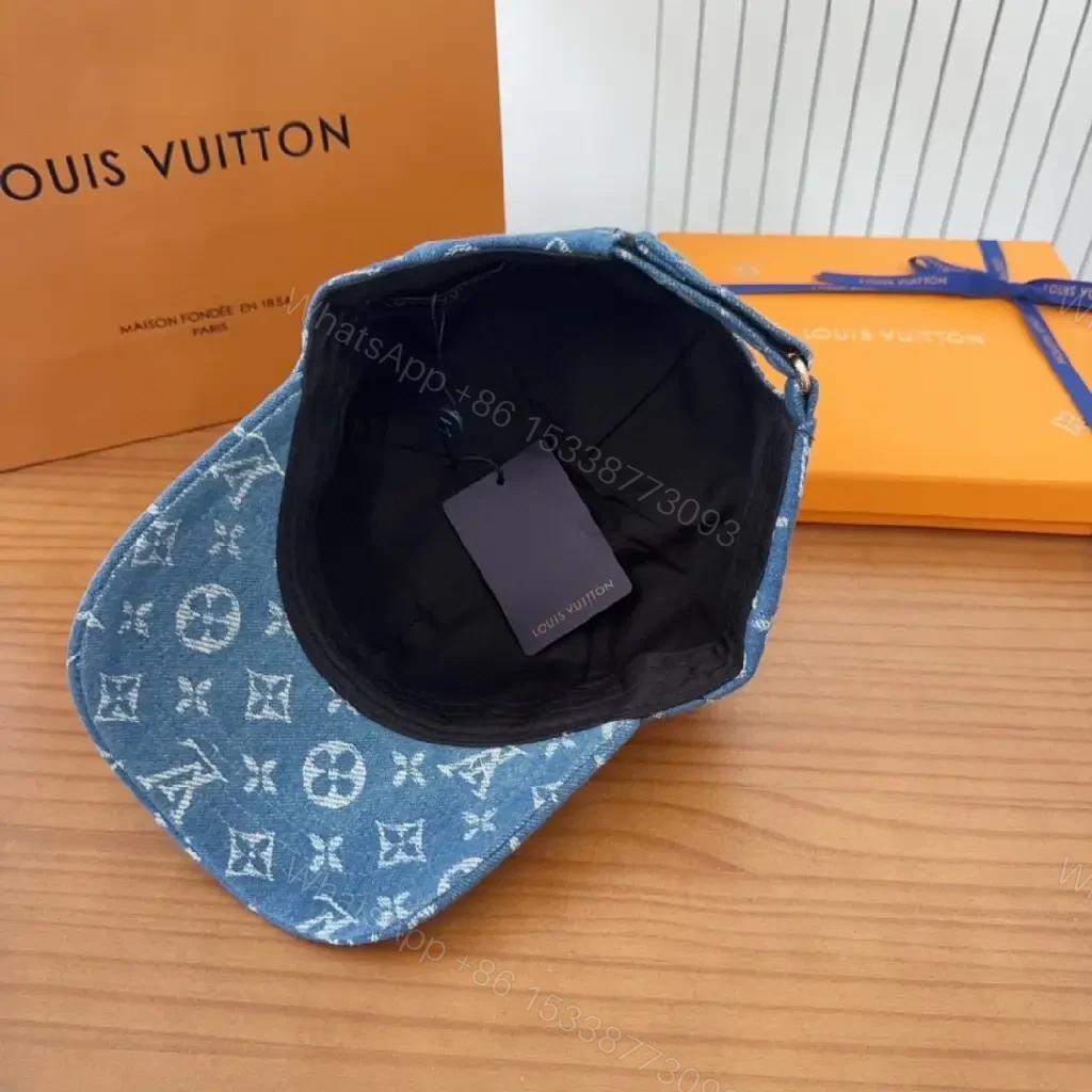 View 2 of Indigo Denim Cap with Gold LV Crest Monogram, Curved Visor