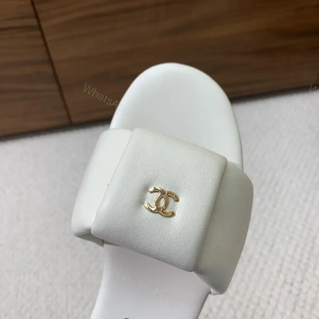 View 2 of White Leather Chanel-Logo Slide Sandals
