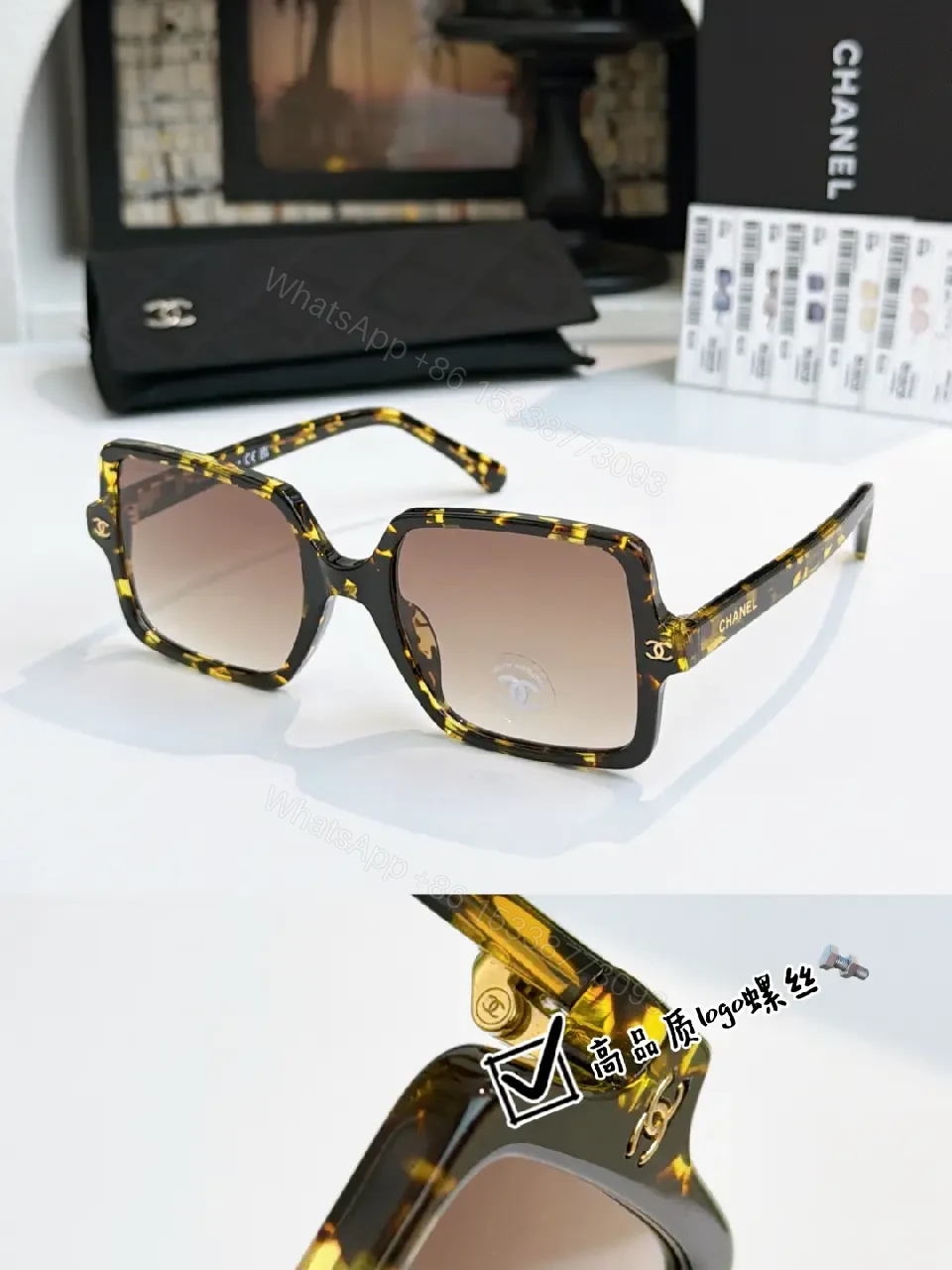 View 3 of Black Frame Oversized Sunglasses with Gold Chanel Logos, Matte Gray Lenses