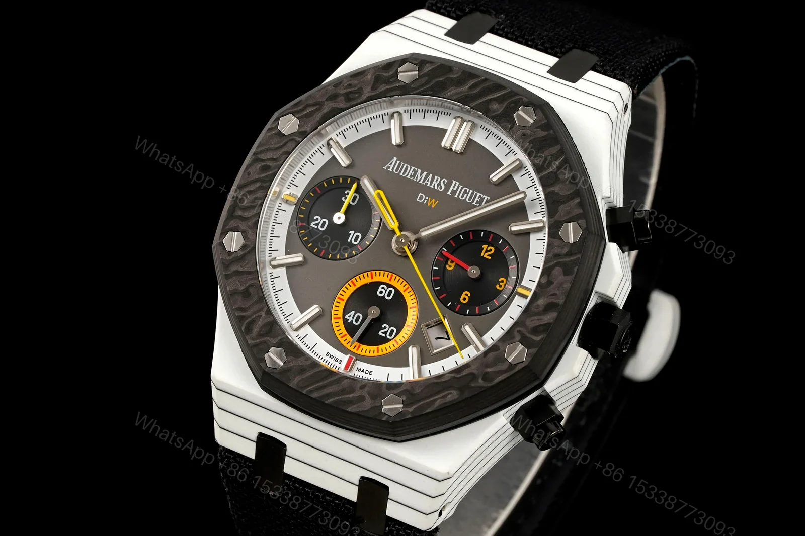 View 3 of Audemars Piguet Replica Royal Oak Chronograph 42MM Premium Carbon Bezel Black Strap Edition Audemars Piguet Replica Royal Oak Chronograph 42MM Premium Carbon Bezel White Strap Edition AP-RO-CB-BLK-42