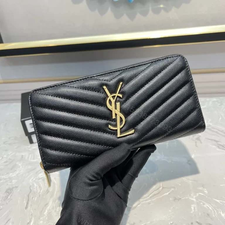 View 8 of Quilted Black Calfskin Wallet with Gold YSL Logo