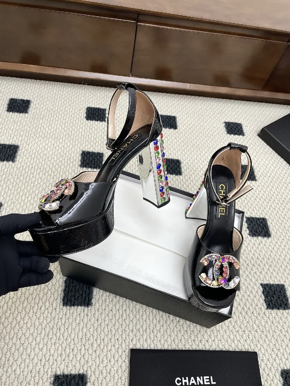 View 5 of Embellished Velvet Sandals with Crystal C-C Closure