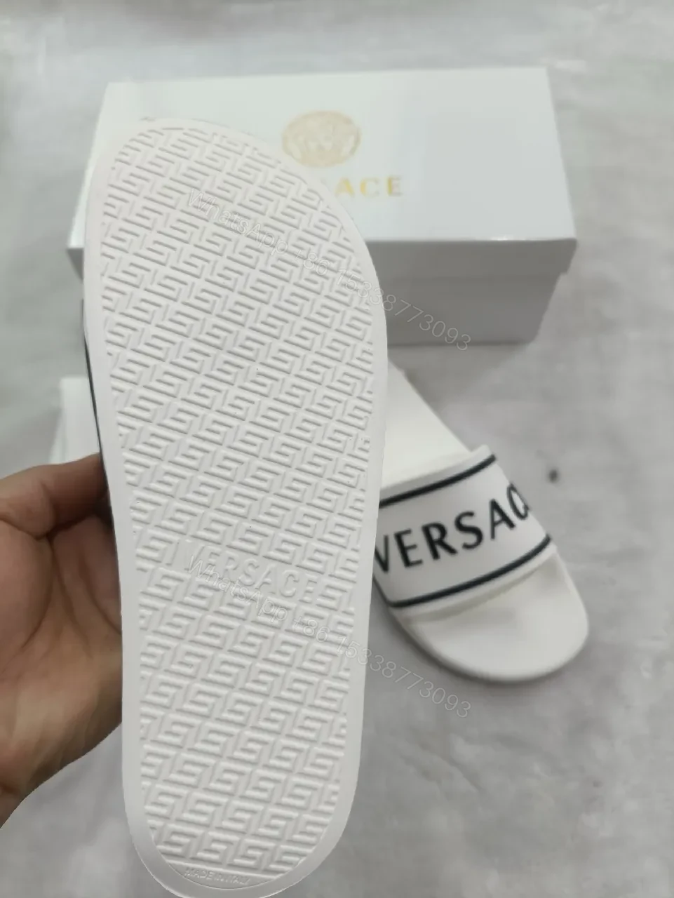 View 7 of White Leather Slide with Bold Brand Stripe, Unisex Comfort