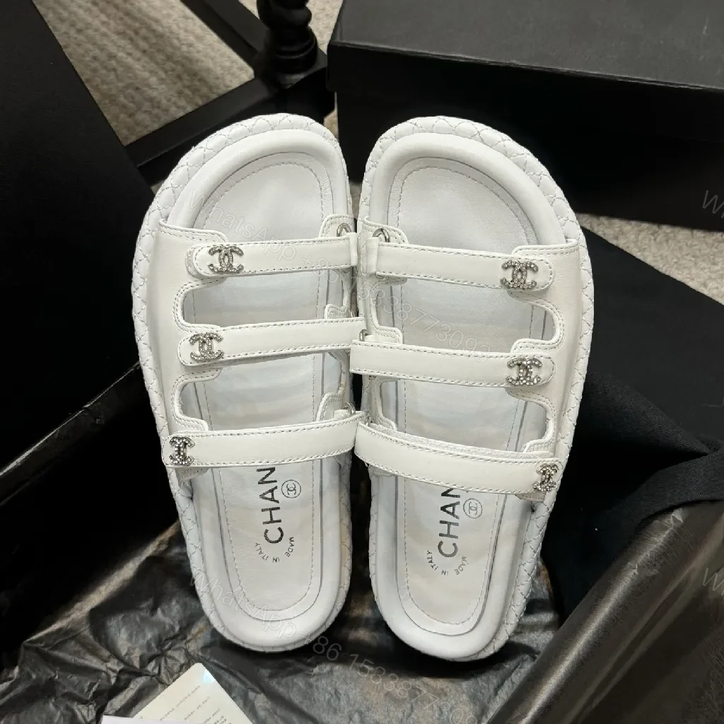 View 6 of White Quilted Sandals with Crystal Hardware - Luxe Comfort Sandals